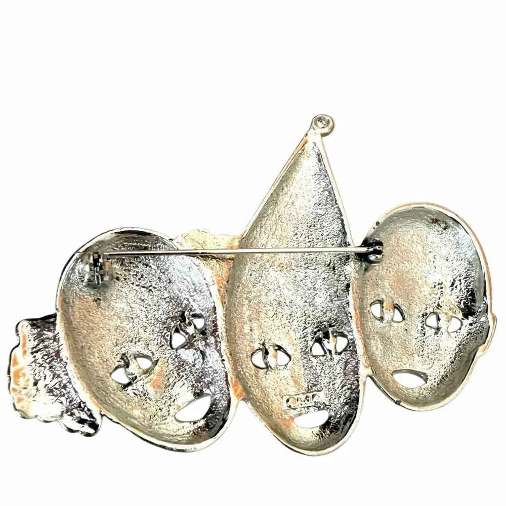 Vintage Silver Tone Triple Clown Theater Mask Enamel Brooch